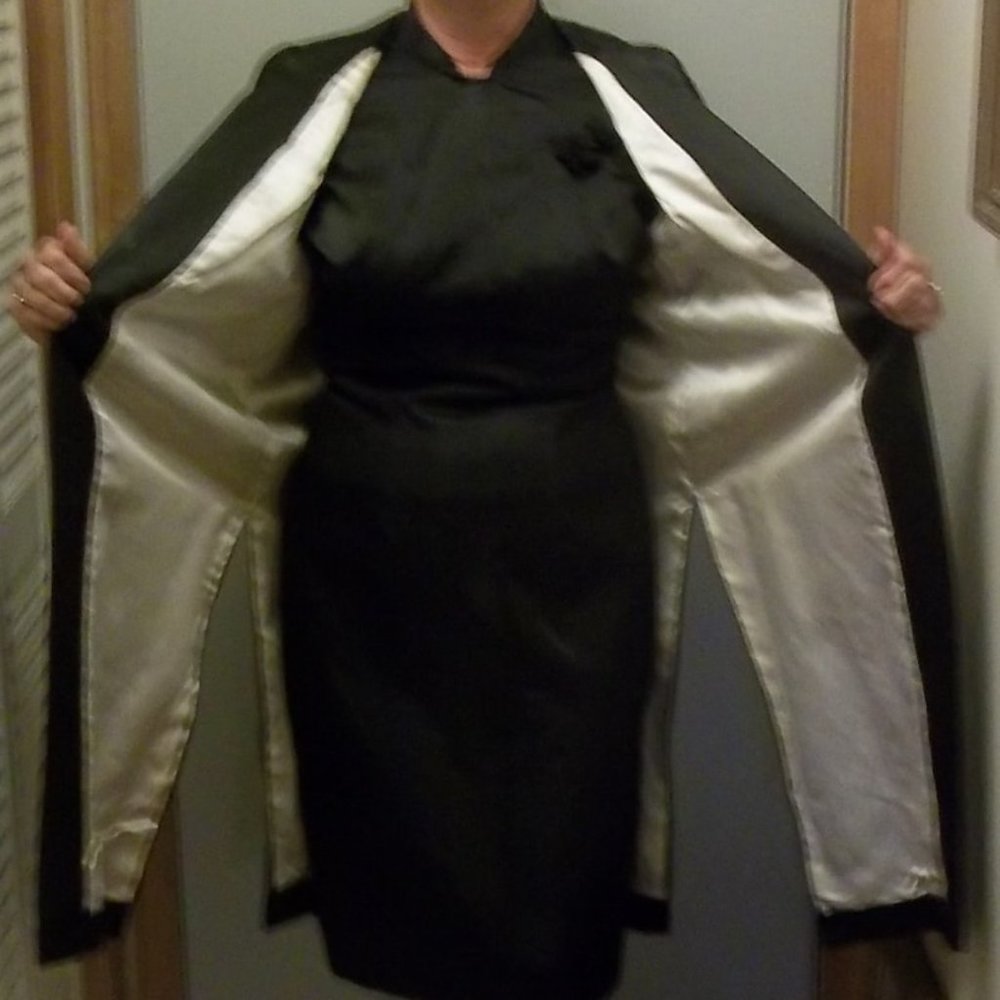 Black Satin Cheongsam Dress and Coat, 1940's Era